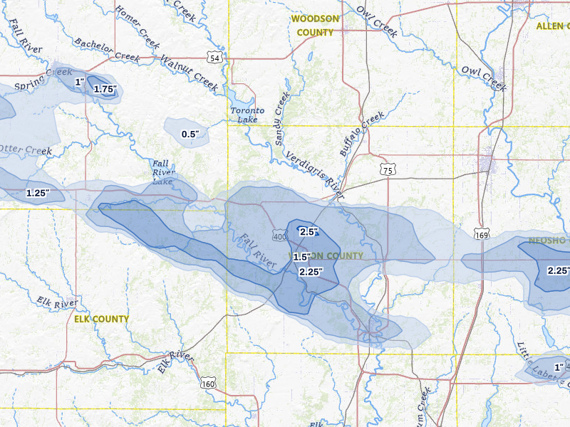 NEXRAD radar-signature map of the hail storm over Fredonia, KS on Jul 10, 2026