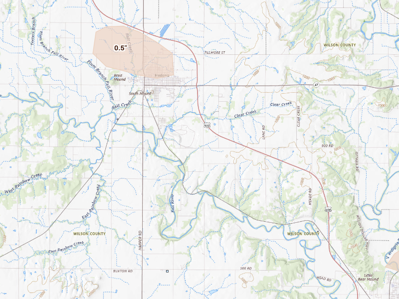 Radar-estimated hail-size map of the storm over Fredonia, KS on Sep 12, 2026
