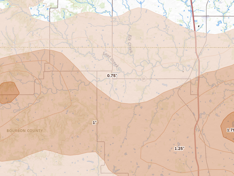 Radar-estimated hail-size map of the storm over Fulton, KS on Apr 26, 2026