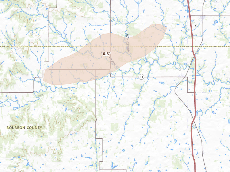 Radar-estimated hail-size map of the storm over Fulton, KS on Apr 27, 2026