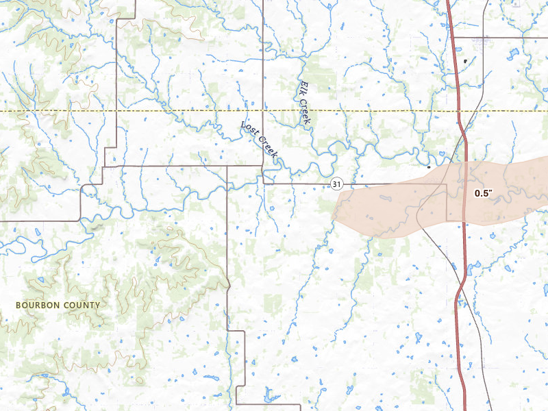 Radar-estimated hail-size map of the storm over Fulton, KS on May 8, 2026