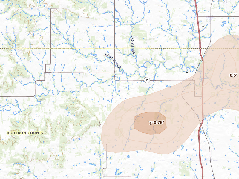 Radar-estimated hail-size map of the storm over Fulton, KS on Jul 4, 2026