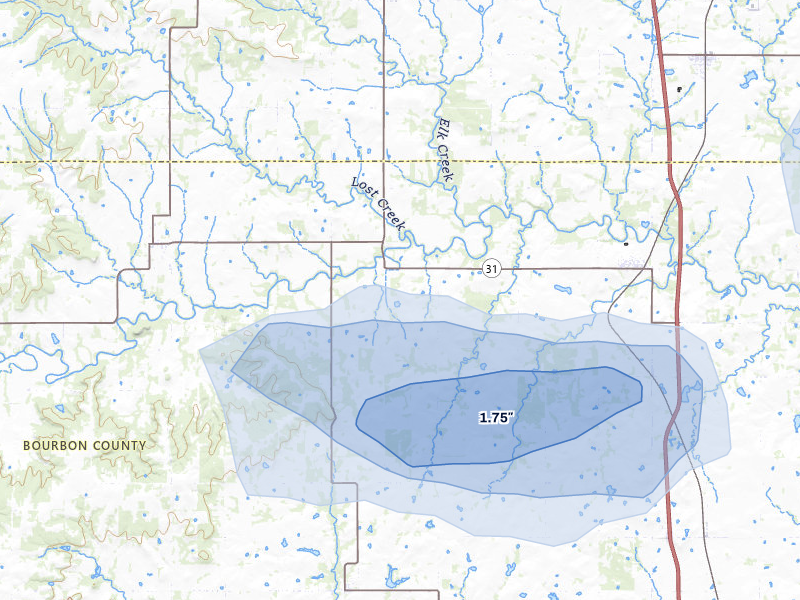 NEXRAD radar-signature map of the hail over Fulton, KS