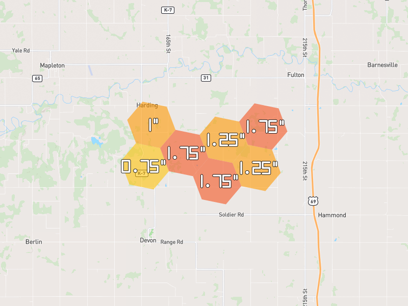 Hail map of Fulton, KS on Jul 4, 2026, hail up to 1.75"