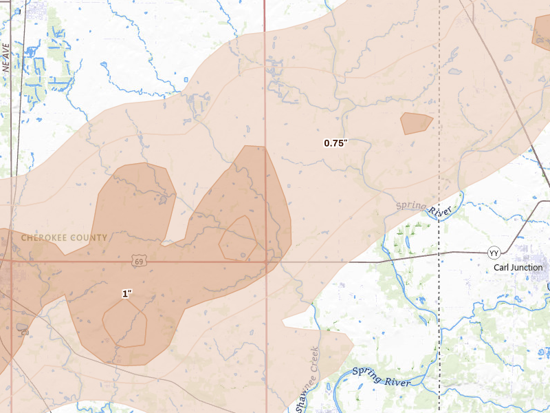Radar-estimated hail-size map of the storm over Galena, KS