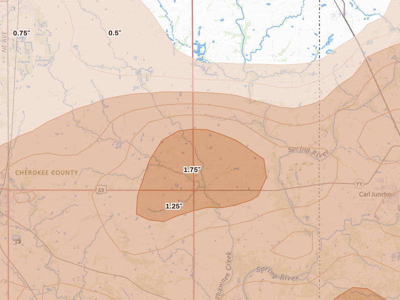 Radar-estimated hail-size map of the storm over Galena, KS on Apr 26, 2026
