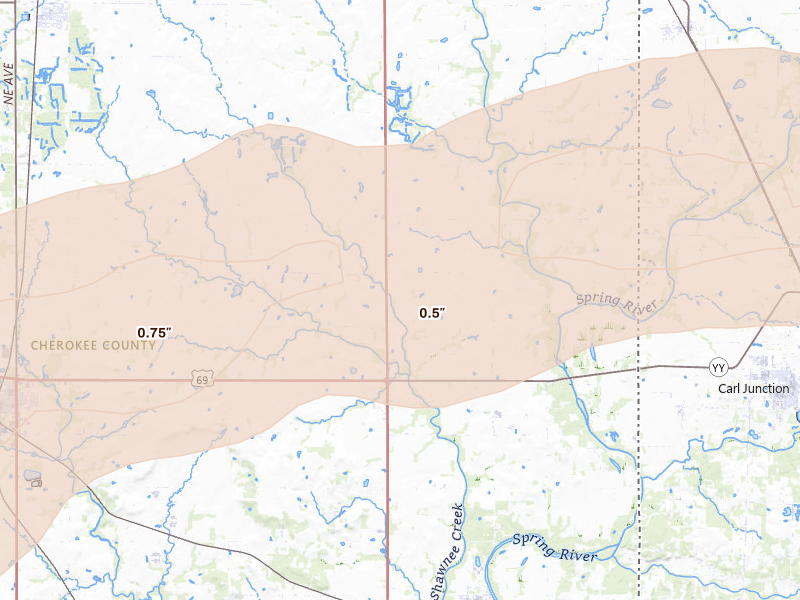 Radar-estimated hail-size map of the storm over Galena, KS on Apr 28, 2026