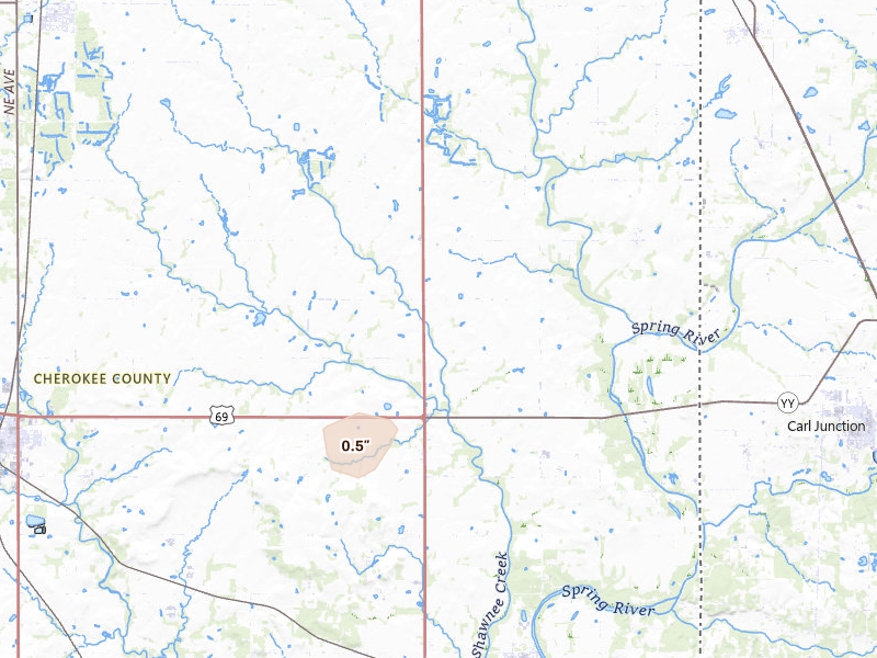 Radar-estimated hail-size map of the storm over Galena, KS on May 30, 2026