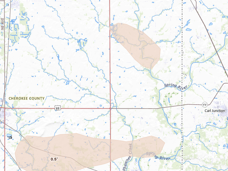 Radar-estimated hail-size map of the storm over Galena, KS on Jun 7, 2026