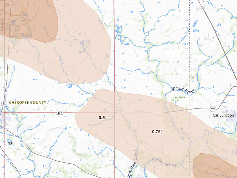 Radar-estimated hail-size map of the storm over Galena, KS on Jun 25, 2026