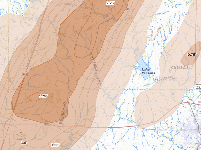 Radar-estimated hail-size map of the storm over Galesburg, KS