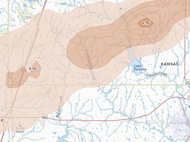 Radar-estimated hail-size map of the storm over Galesburg, KS on Apr 17, 2026