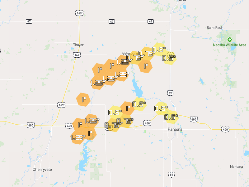 Hail map of Galesburg, KS on Jun 1, 2026, hail up to 1.25"