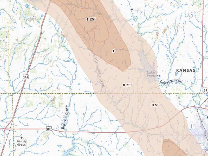 Radar-estimated hail-size map of the storm over Galesburg, KS on Jun 16, 2026