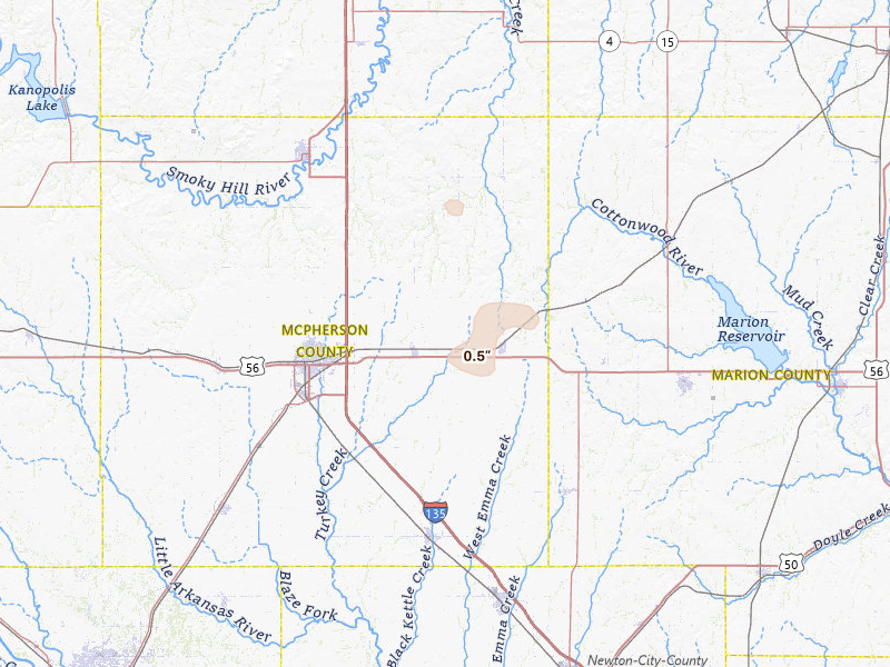 Radar-estimated hail-size map of the storm over Galva, KS on Mar 5, 2026
