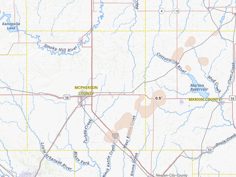 Radar-estimated hail-size map of the storm over Galva, KS on Mar 6, 2026