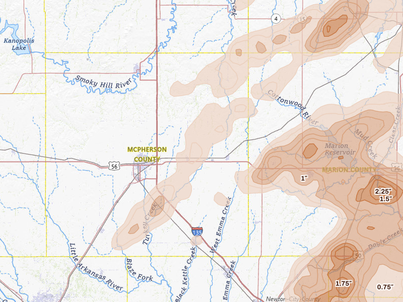 Radar-estimated hail-size map of the storm over Galva, KS on Apr 23, 2026