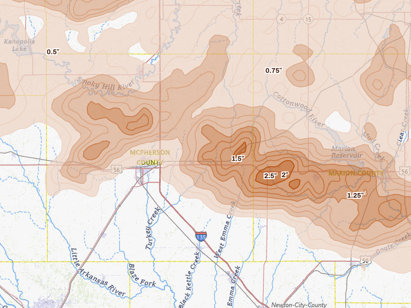 Radar-estimated hail-size map of the storm over Galva, KS on Apr 26, 2026