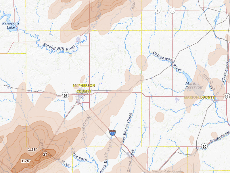 Radar-estimated hail-size map of the storm over Galva, KS on May 18, 2026