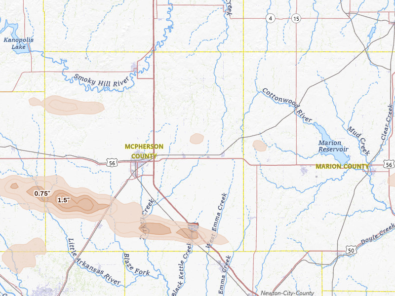Radar-estimated hail-size map of the storm over Galva, KS on Jul 4, 2026
