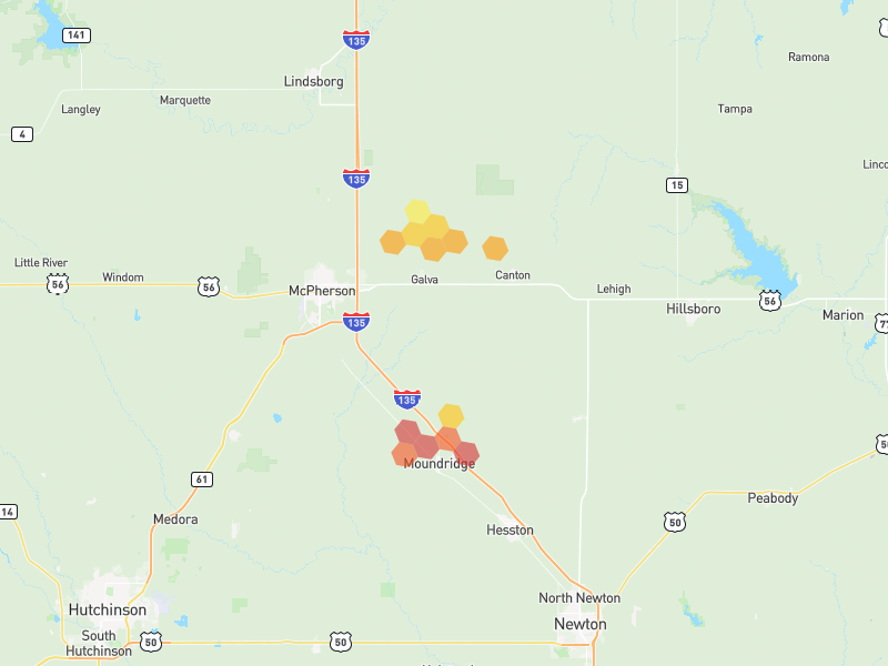 Hail map of Galva, KS on Jul 4, 2026, hail up to 2"