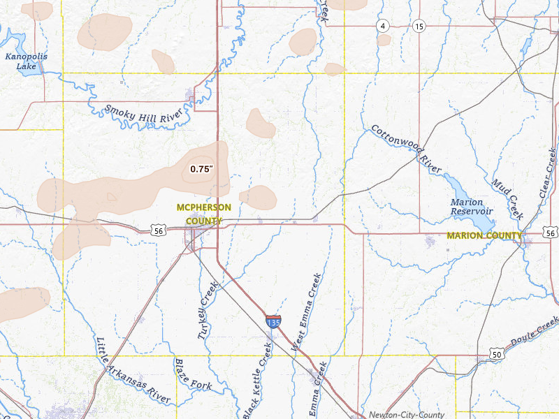 Radar-estimated hail-size map of the storm over Galva, KS on Jul 9, 2026