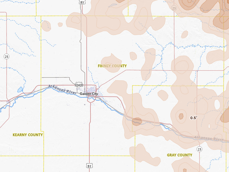 Radar-estimated hail-size map of the storm over Garden City, KS on Jun 1, 2026