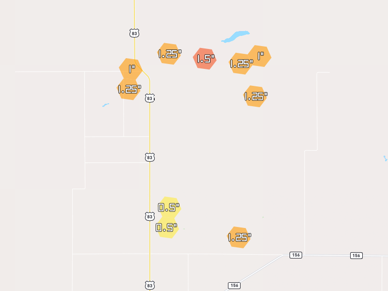 Hail map of Garden City, KS on Jun 1, 2026, hail up to 1.5"
