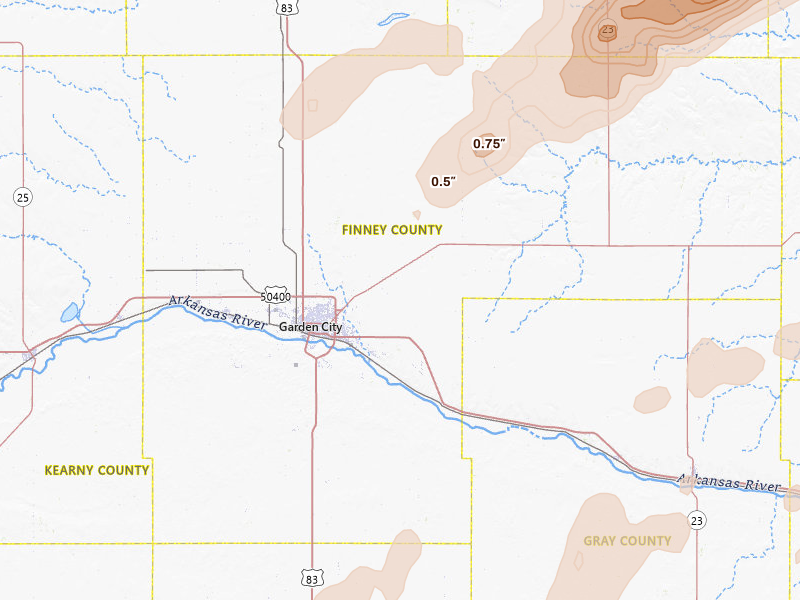 Radar-estimated hail-size map of the storm over Garden City, KS on Jun 9, 2026