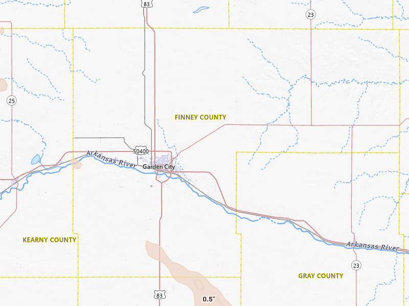 Radar-estimated hail-size map of the storm over Garden City, KS on Jun 15, 2026