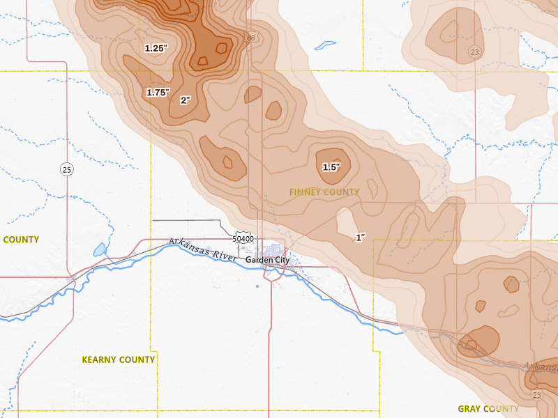 Radar-estimated hail-size map of the storm over Garden City, KS on Jun 20, 2026