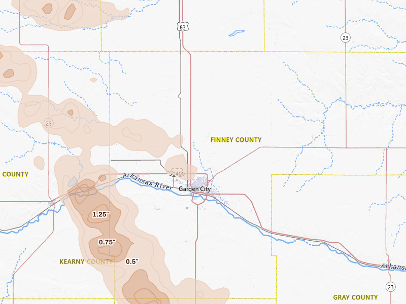 Radar-estimated hail-size map of the storm over Garden City, KS on Jun 22, 2026