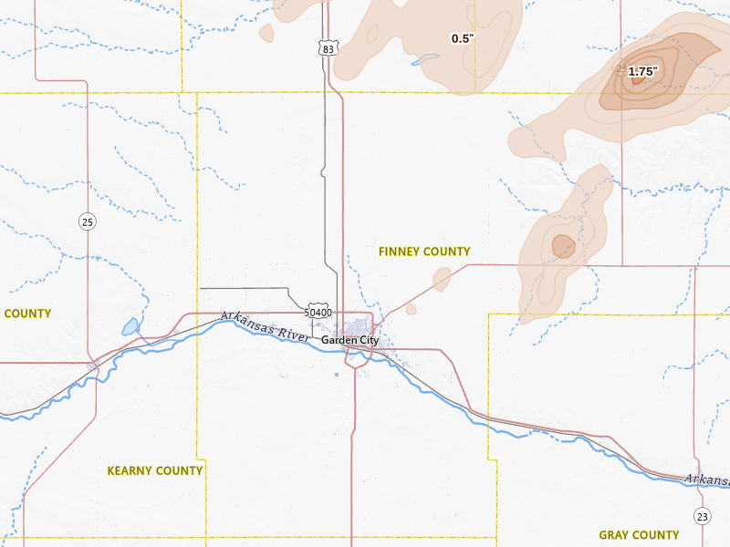 Radar-estimated hail-size map of the storm over Garden City, KS on Jun 24, 2026