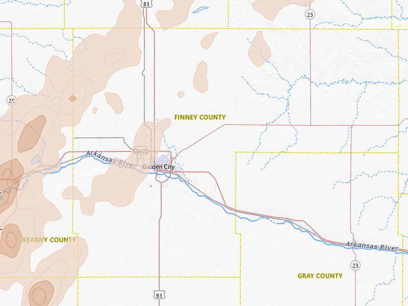 Radar-estimated hail-size map of the storm over Garden City, KS on Jun 30, 2026