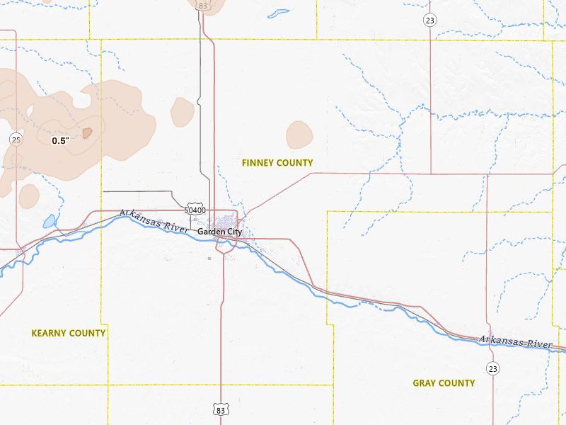 Radar-estimated hail-size map of the storm over Garden City, KS on Jul 1, 2026