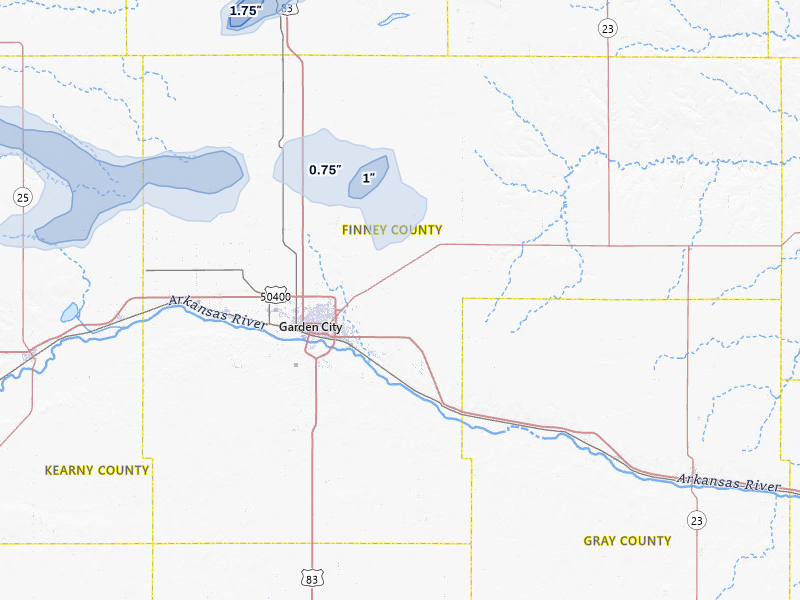 NEXRAD radar-signature map of the hail storm over Garden City, KS on Jul 1, 2026