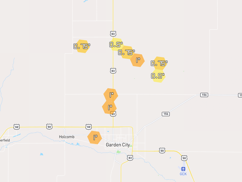 Hail map of Garden City, KS on Jul 1, 2026, hail up to 1"