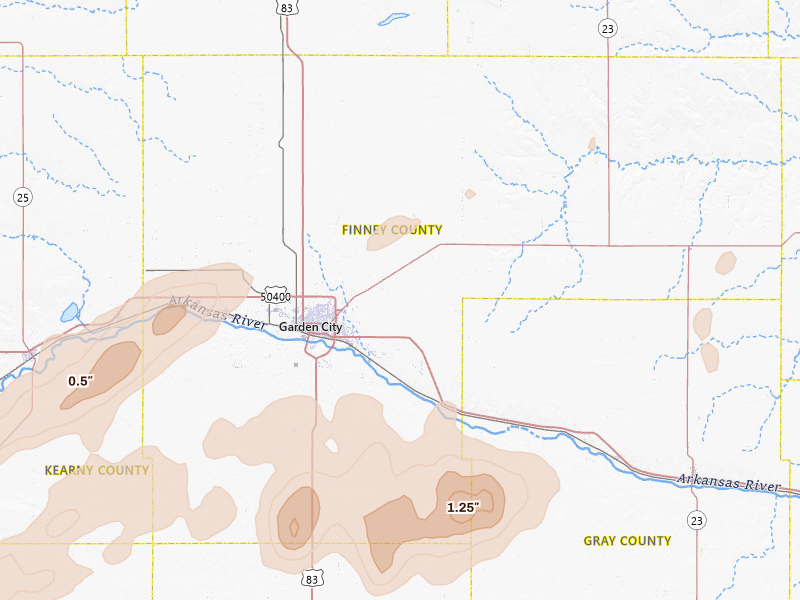 Radar-estimated hail-size map of the storm over Garden City, KS on Jul 2, 2026