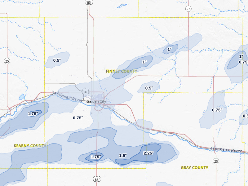 NEXRAD radar-signature map of the hail over Garden City, KS