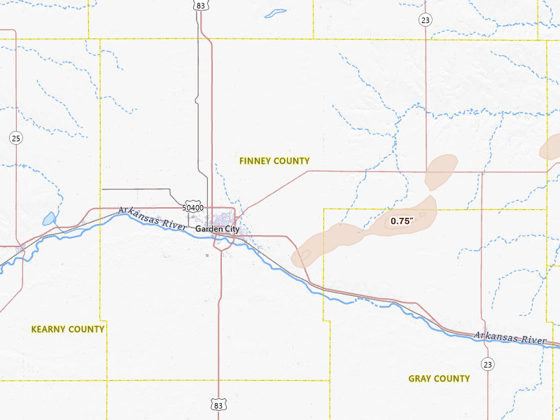 Radar-estimated hail-size map of the storm over Garden City, KS on Jul 10, 2026