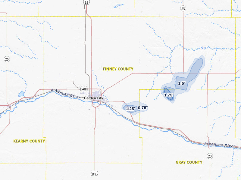 NEXRAD radar-signature map of the hail storm over Garden City, KS on Jul 10, 2026