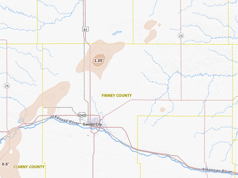 Radar-estimated hail-size map of the storm over Garden City, KS on Aug 15, 2026