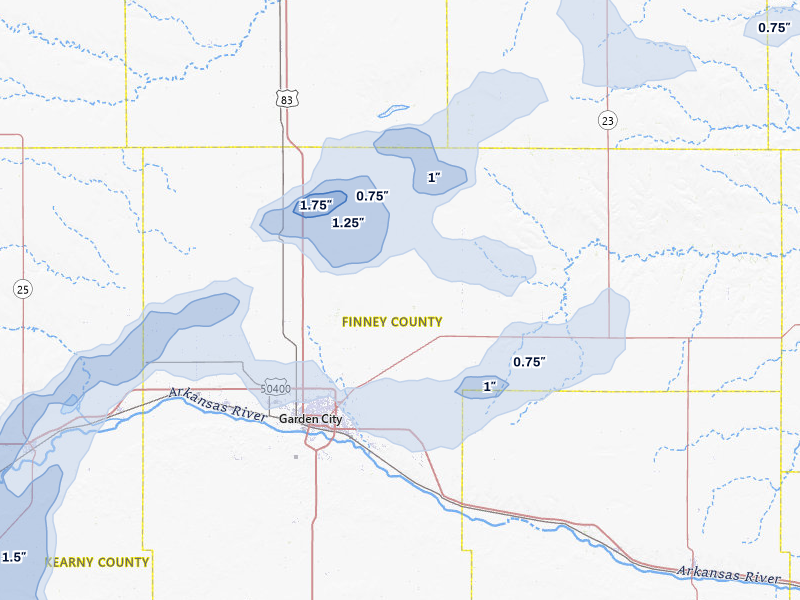 NEXRAD radar-signature map of the hail storm over Garden City, KS on Aug 15, 2026
