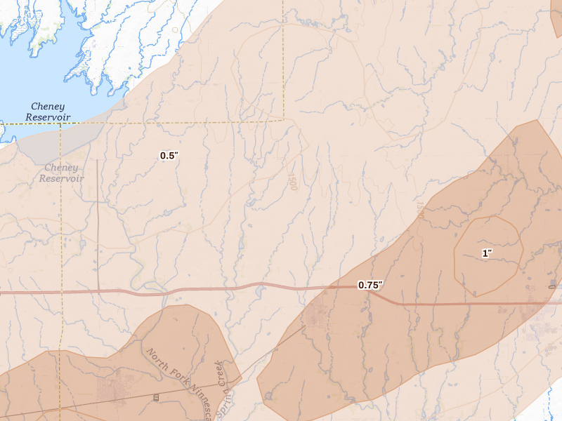 Radar-estimated hail-size map of the storm over Garden Plain, KS on Mar 10, 2026