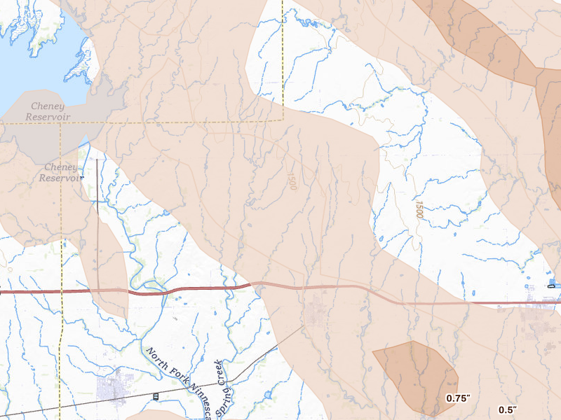 Radar-estimated hail-size map of the storm over Garden Plain, KS on Jun 25, 2026