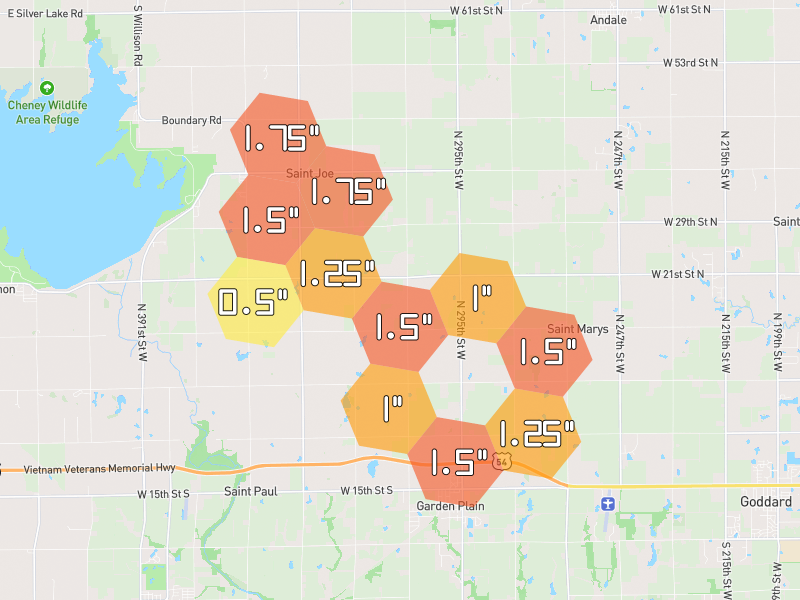 Hail map of Garden Plain, KS on Jun 26, 2026, hail up to 1.75"
