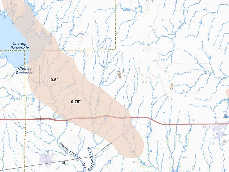 Radar-estimated hail-size map of the storm over Garden Plain, KS on Jul 10, 2026