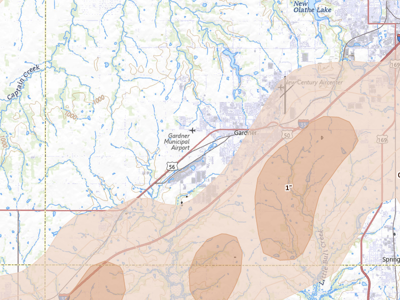 Radar-estimated hail-size map of the storm over Gardner, KS on Mar 10, 2026