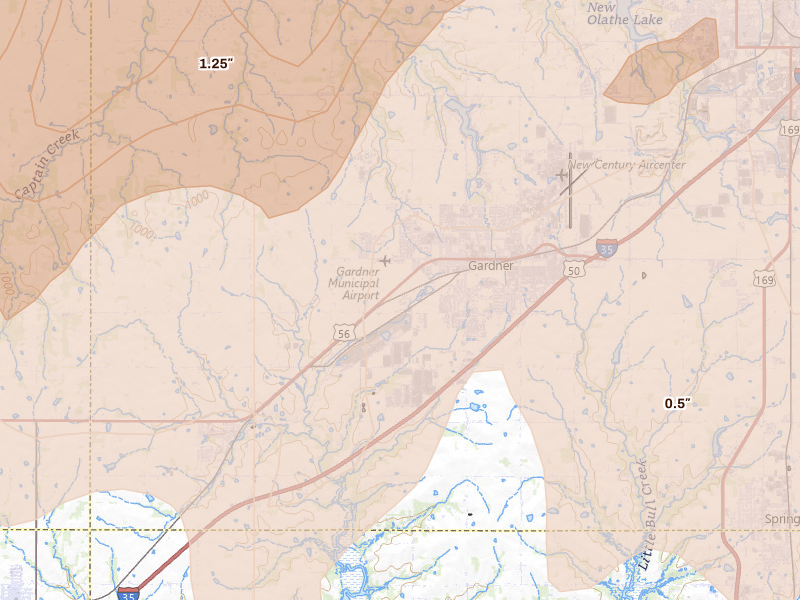 Radar-estimated hail-size map of the storm over Gardner, KS on Apr 26, 2026