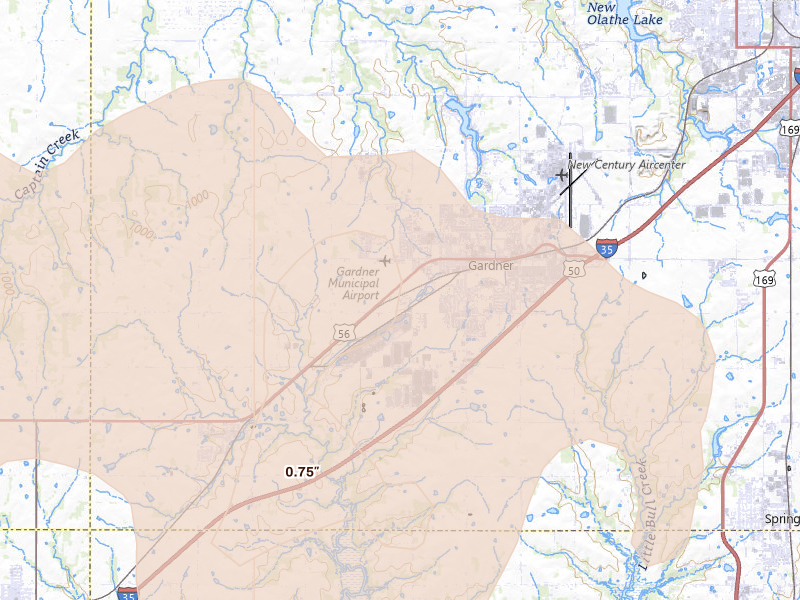 Radar-estimated hail-size map of the storm over Gardner, KS on Jun 8, 2026